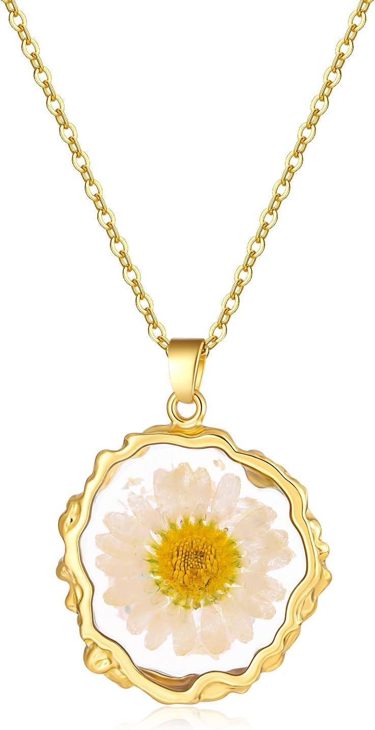 Real Pressed Flower Necklace for Women, Handmade Birth Floral Pendant, Meaningful Nature-Inspired Jewelry Gift for Christmas, Valentine’s & Mother’s Day - 18"
