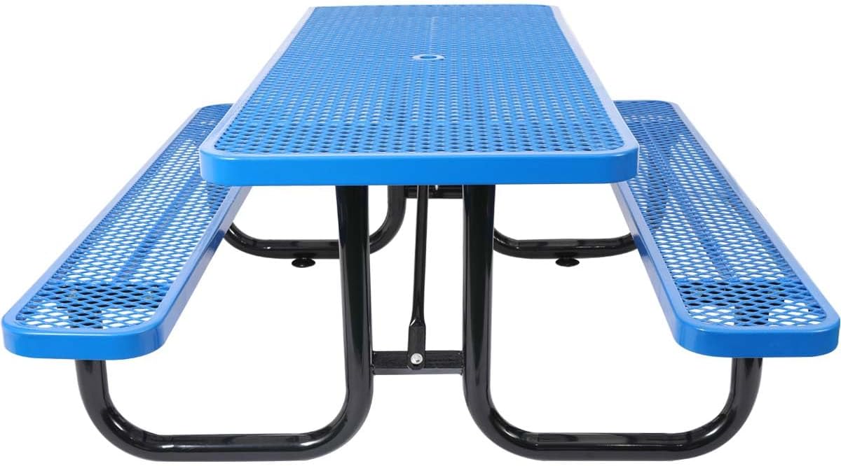 6 ft. Heavy-Duty Steel Outdoor Picnic Table with Umbrella Pole,Rectangular Weather-Resistant Dining Table for Backyard,Blue