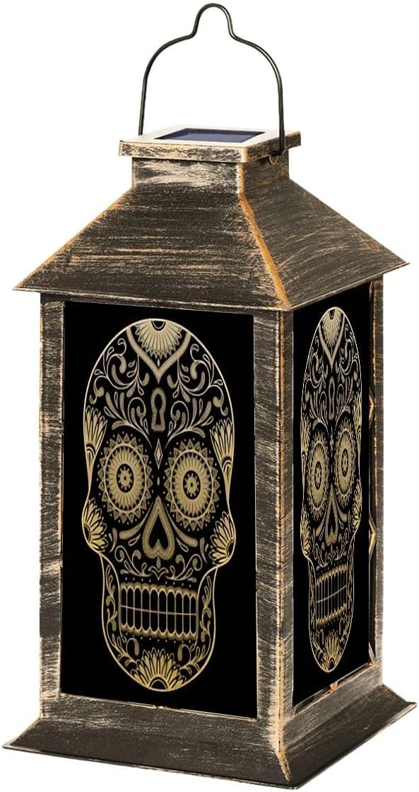 Solar Lantern Ornate Color Day Dead Sugar Skull Outdoor Garden Hanging Lantern Waterproof Solar Powered Lighting Outside Table Lamp for Deck Yard Camping Patio Decor