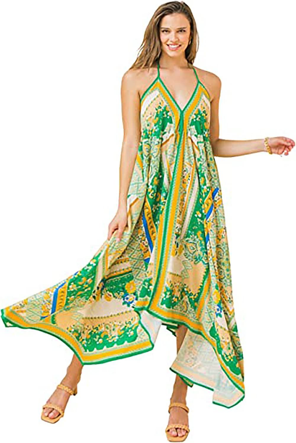 Flying Tomato Women's Juniors Tropical Vacation Halter Strap Hanky Dress (Green, Large)