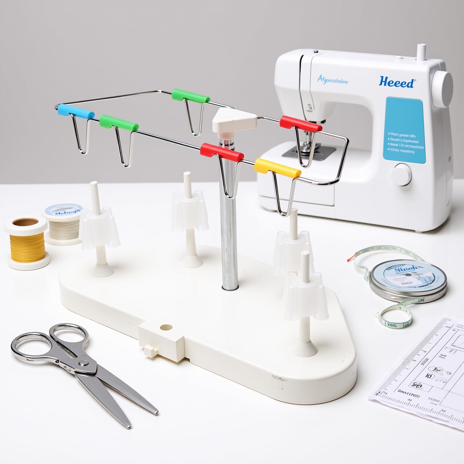 Supporto per Filo Trapezoidale a 4 Rocchetti, Supporto Multifunzionale per Filo Trapezoidale Regolabile in Altezza con Portarocchetti Mobili per Cucito Serger 14HD854 S0100