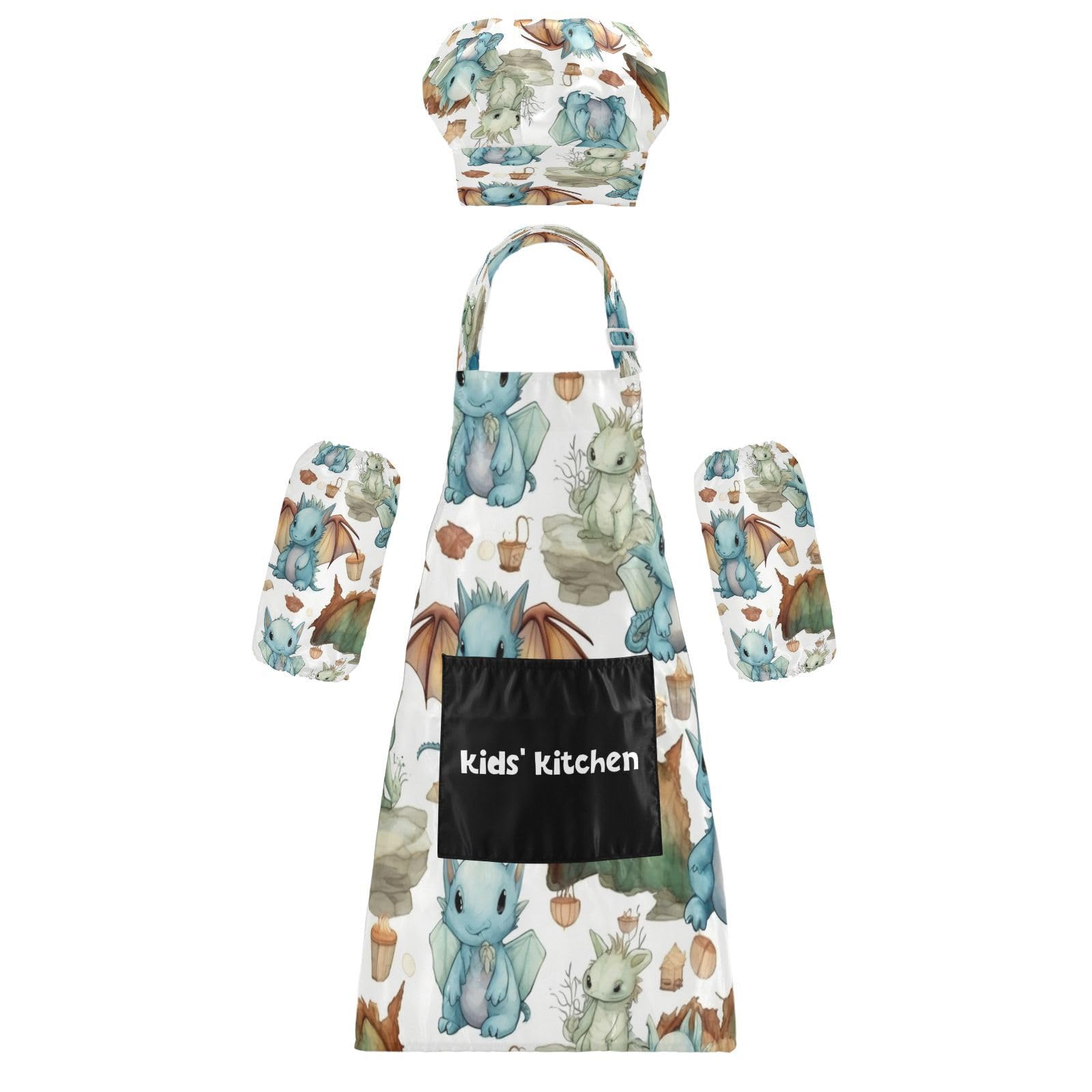 Bulletgxll Cartoon Dragons Kids Apron and Chef Hat Set Adjustable Bib Aprons with Pockets for Cooking Baking Painting