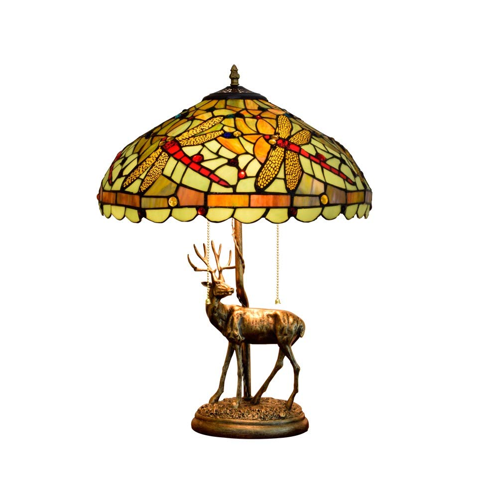 Aioneer 16 Inch Tiffany Stained Glass Table Lamp Elk Green Living Room Bar Restaurant Bedroom Bedside Deer Deerlet Fawn Desk Lamp
