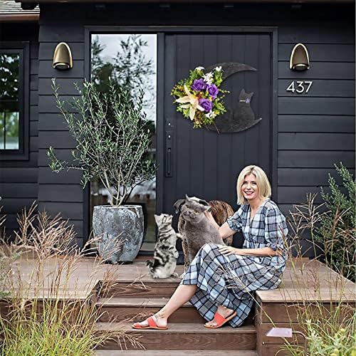 玄関ドア用ムーンリース 月のリース 猫の壁の装飾 猫のドアのリース 猫の装飾 屋内 屋外 窓 壁アート 吸盤フック (ブラック、ワン