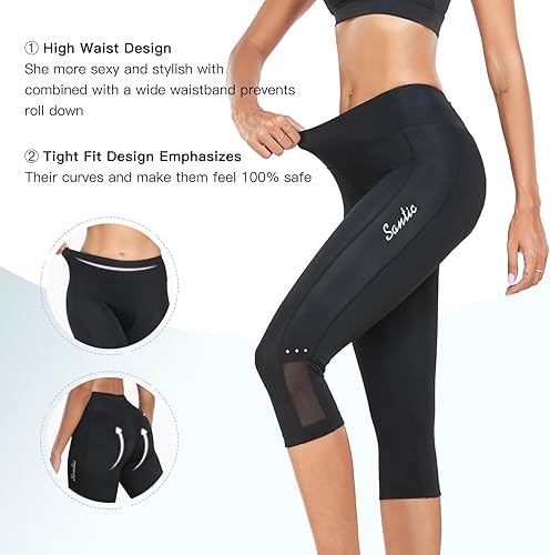 Miniatura 5 de Santic Pantalones de ciclismo para mujer, cintura alta, con acolchado 4D, pantalones cortos de ciclismo 34, bolsillos