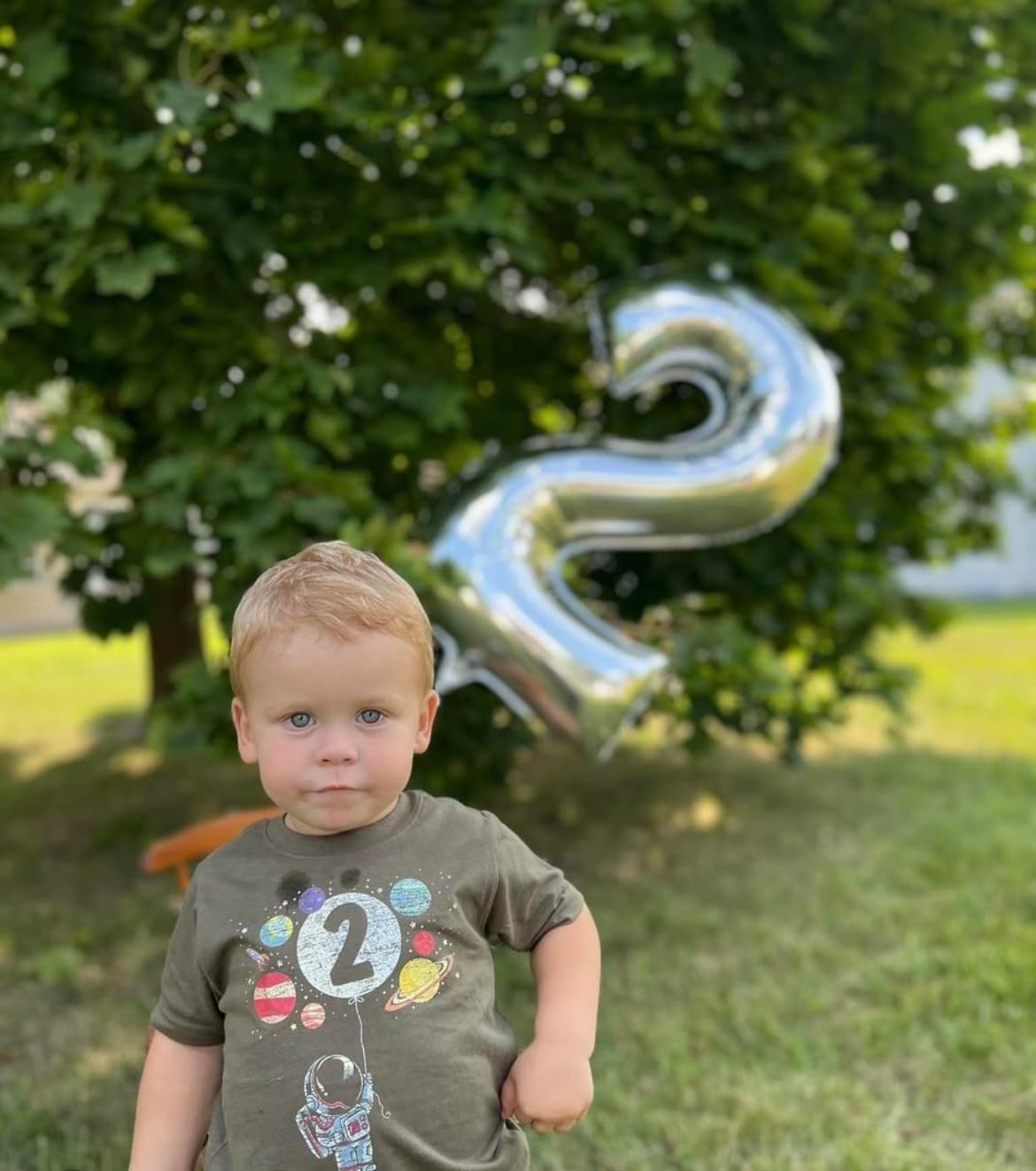 Olive Loves Apple 2nd Birthday Rocket Astronaut Themed T-Shirts with Moon Balloon and Planets for Boys and Girls