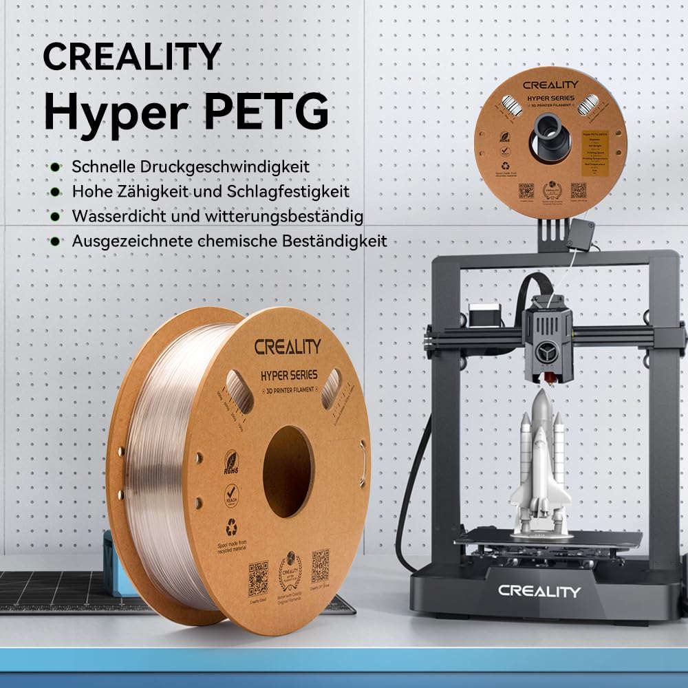 Creality Hyper-PETG filament do drukarki 3D, 4 kg, 1,75 mm, dokładność ± 0,03 mm, filament do drukarki 3D o dużej prędkości 30-600 mm/s, nadaje się do większości drukarek FDM 3D, 4 cewki – 1 kg (4 ×