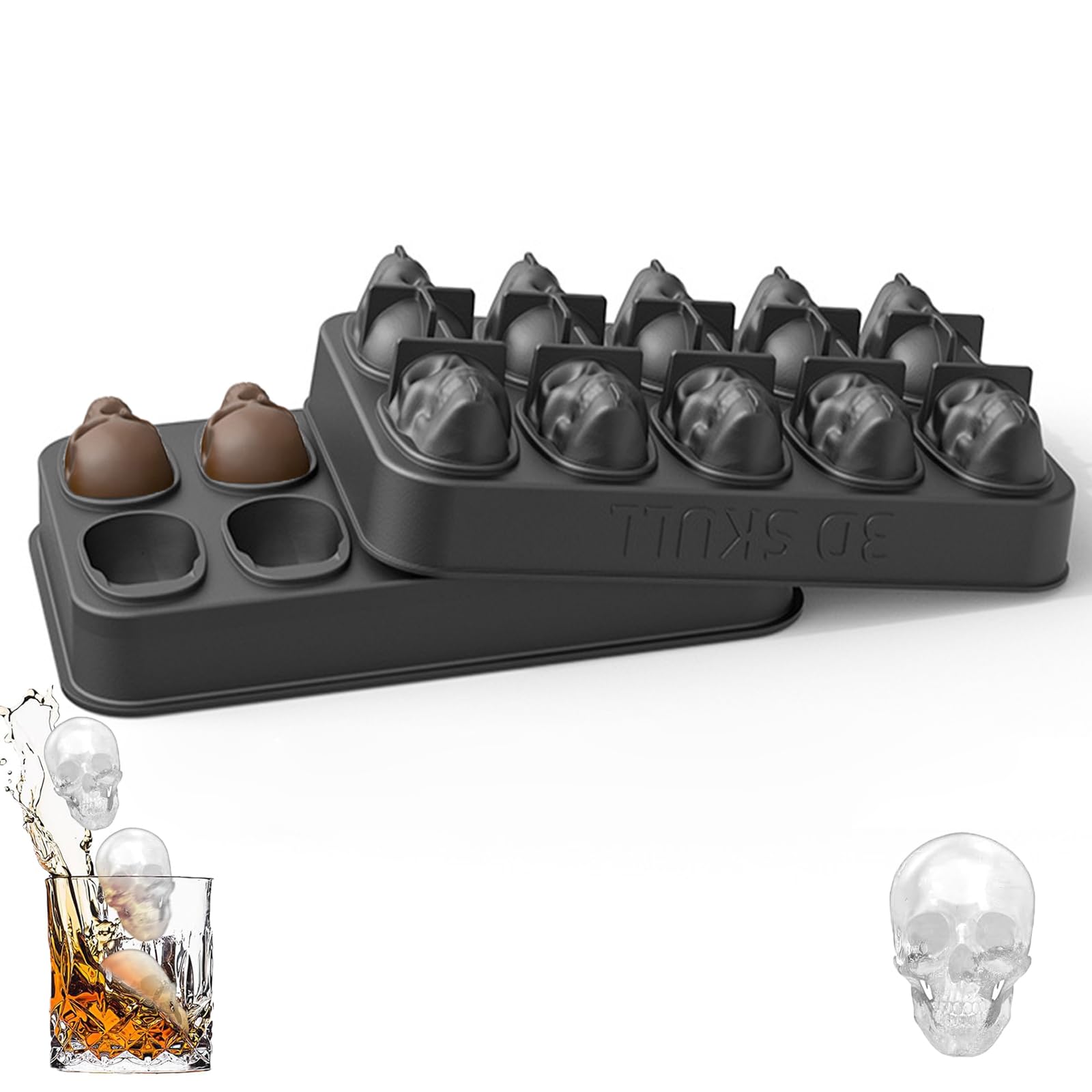 Stampo per macchina per il ghiaccio per whisky - Vassoio per cubetti di ghiaccio con teschio a 10 cavà con imbuto - Stampo in silicone con teschio per cuocere al forno, cioccolato  15