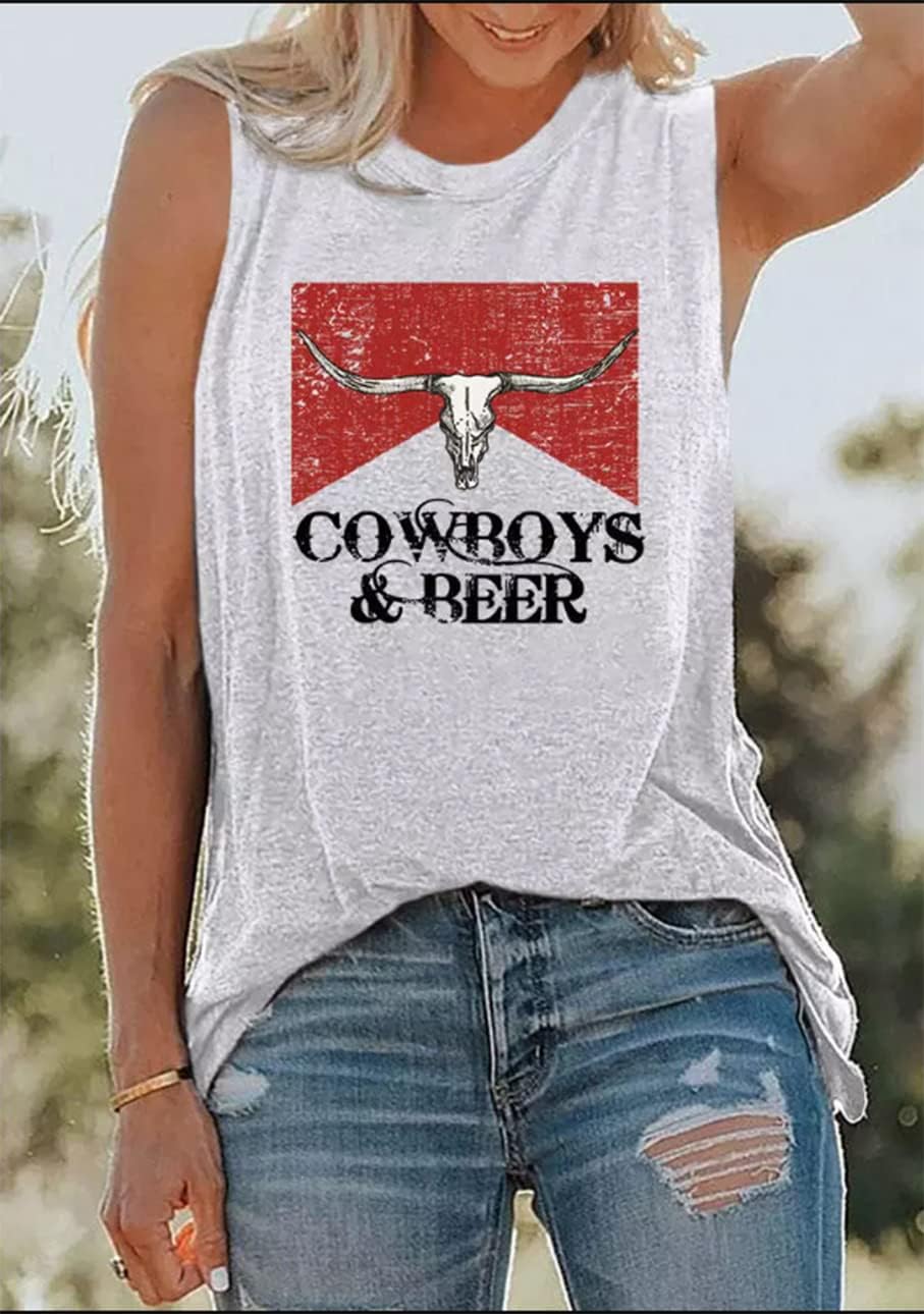 Cowboys & Beer Steer Skull Tank Tops Women Western Vintage Country Music Tanks Summer Vacation Sleeveless Shirts - Image 2