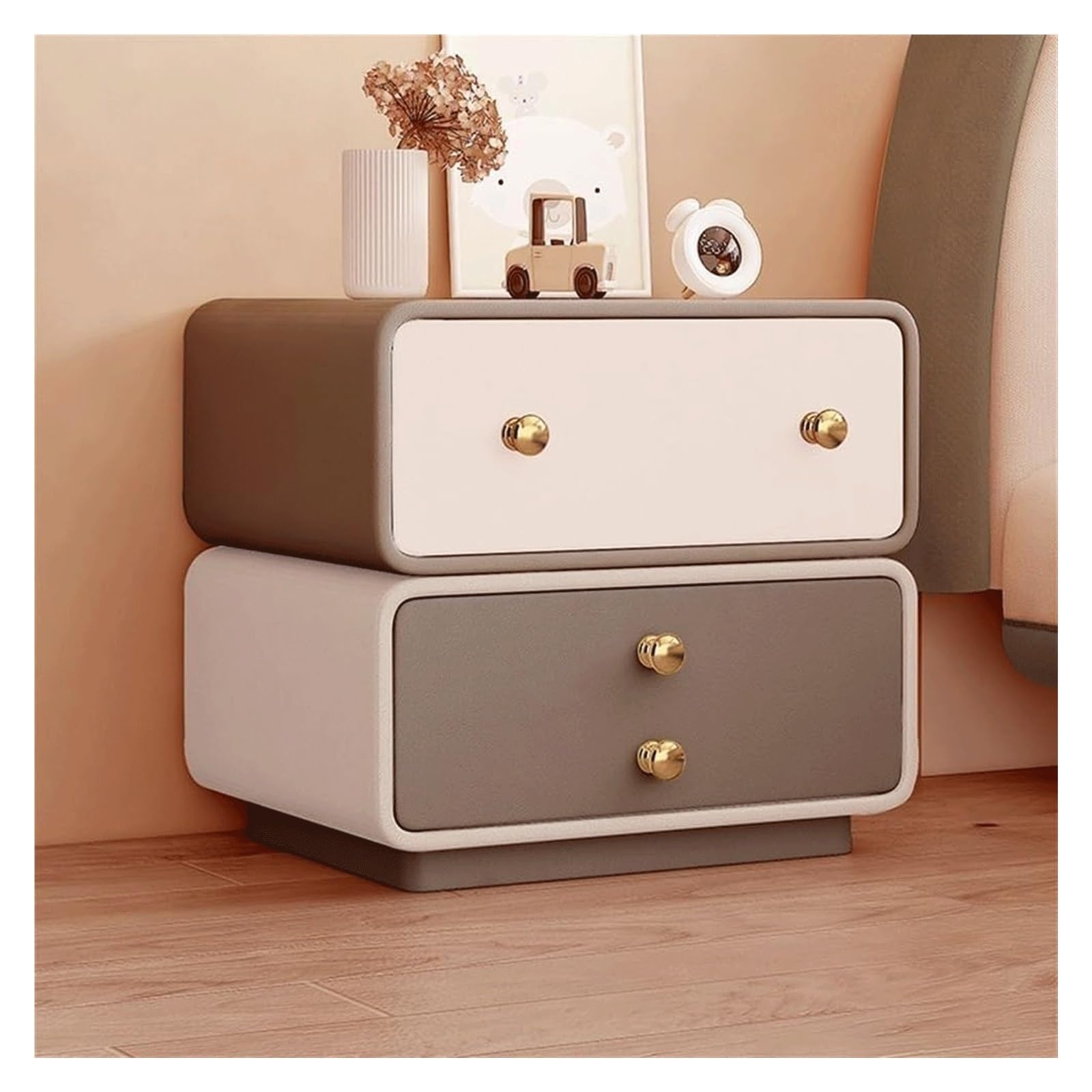 SXZenSpace Modern Bedside Table Microfiber Leather NightStand with 2 Wooden Storage Drawers Minimalist Spacious Side Luxury Cabinet(Brown,45cm)