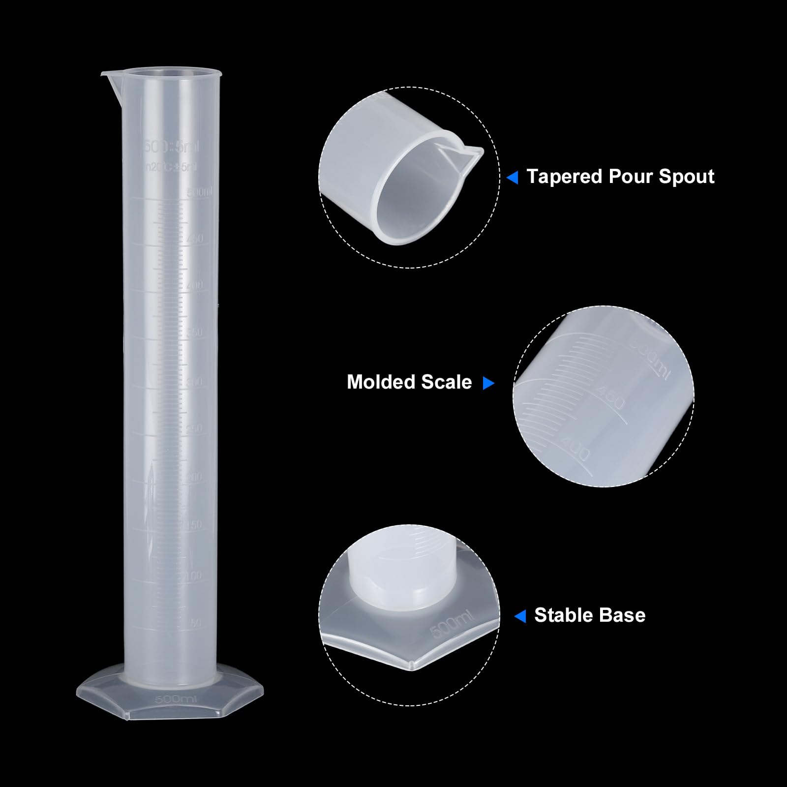 PATIKIL 500ml PP Plástico Graduado Cilindro, 2 Paquete Hexagonal Base Blanco Graduaciones Medición Cilindro para Laboratorio Hogar Uso, Claro Blanco