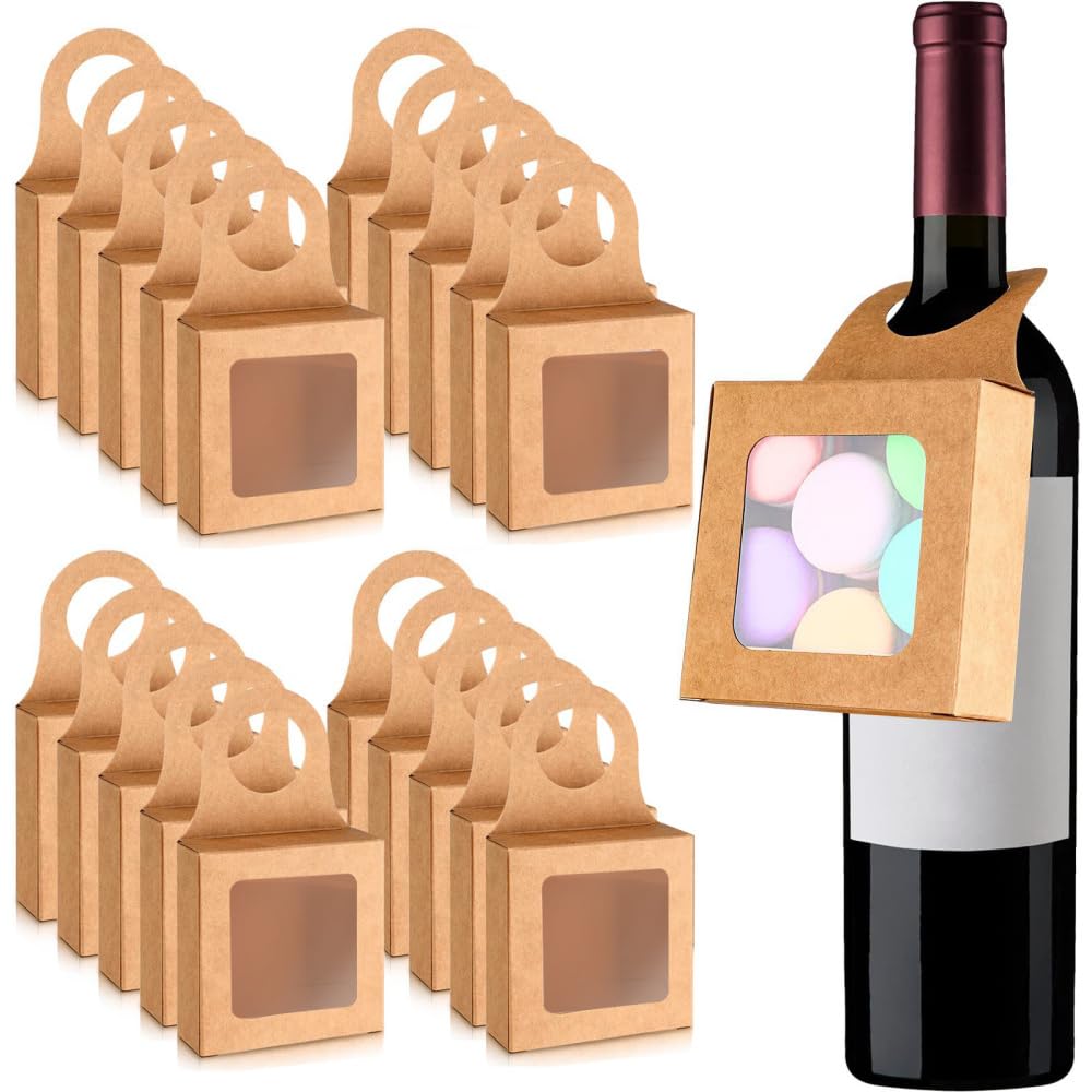 Dongker Brown 20 Pcs Wine Bottle Boxes,Circle Hooks Kraft Paper Candy Hanging Box With Window For Holding Candy Chocolate Cookies