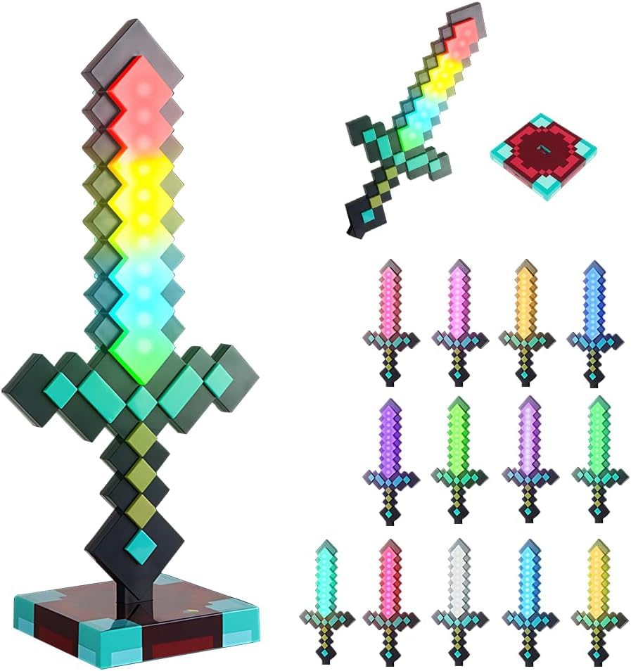 HOVCEH Glowing Diamond Sword 39cm Diamond Sword Light with 14 Adjustable Colour and Sounds Pixelated Light up LED Sword Rechargeable Desk Lamp Decoration Game Accessories Gift for Video Game Fans