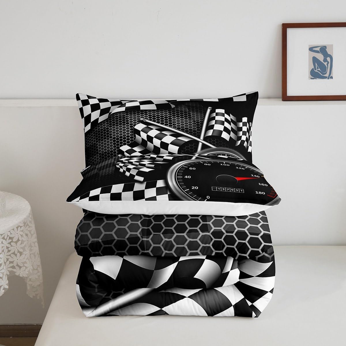 Manfei Honeycomb Geometric 3 Pcs King Size Comforter Set,Black White Checkered Flag Down Alternative Adults Bedroom Decor,Racing Car Theme Ultra Soft Microfiber Inner Fill 3 Pcs Bedding