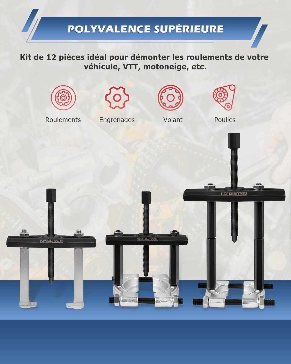 DAYUAN 14 pièces Kit Extracteur de roulement Jeu d'outils extracteur Kit Couteau de séparation, décolleurs d'engrenages et de roulements- 5 cm et 7,6 cm