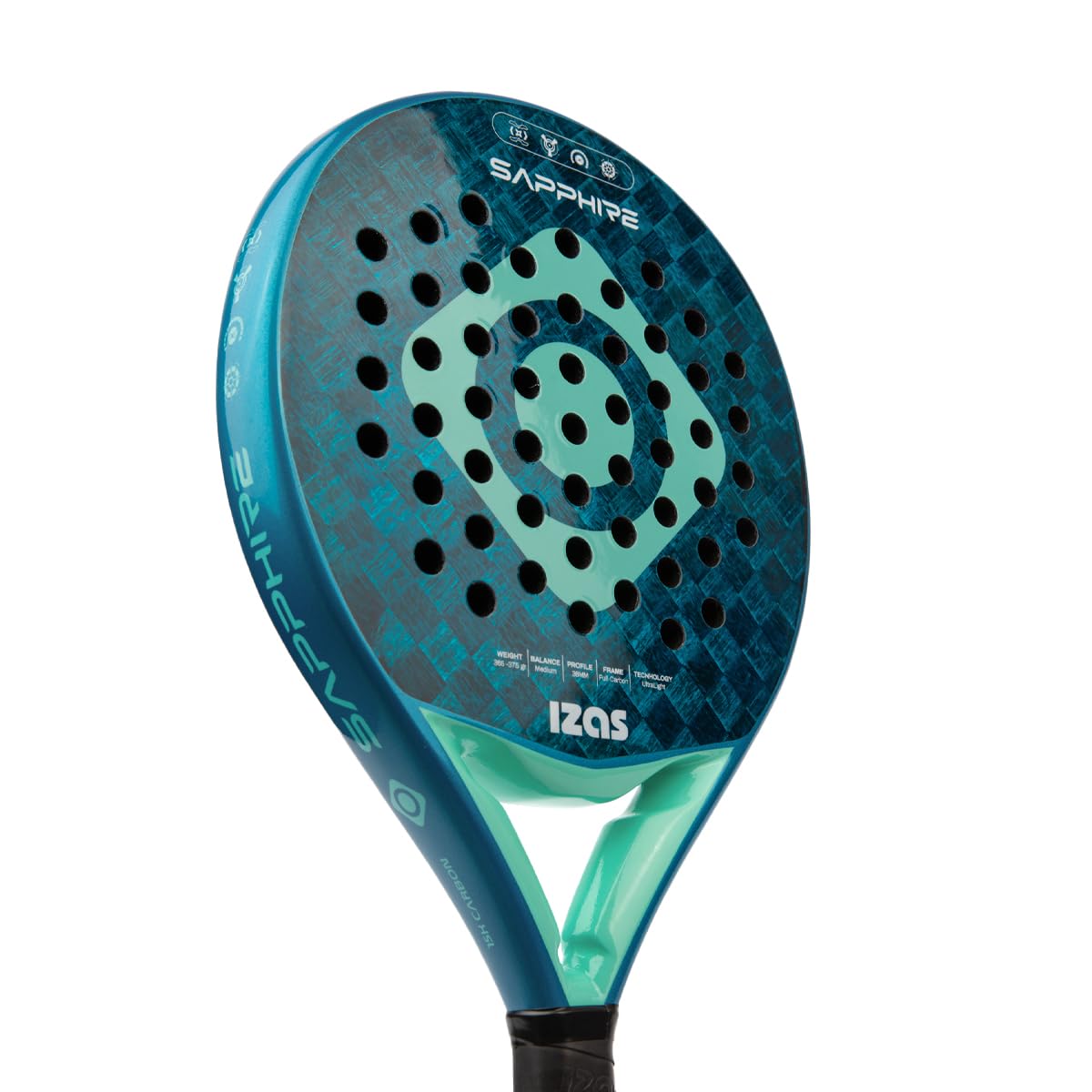 IZAS Sapphire Pala de Padel Ultra Ligera de Fibra de Carbono con Forma Lágrima. Pala 38mm de Diseño Ergonómico para Equilibrio Potencia y Control. Raqueta Unisex 365g