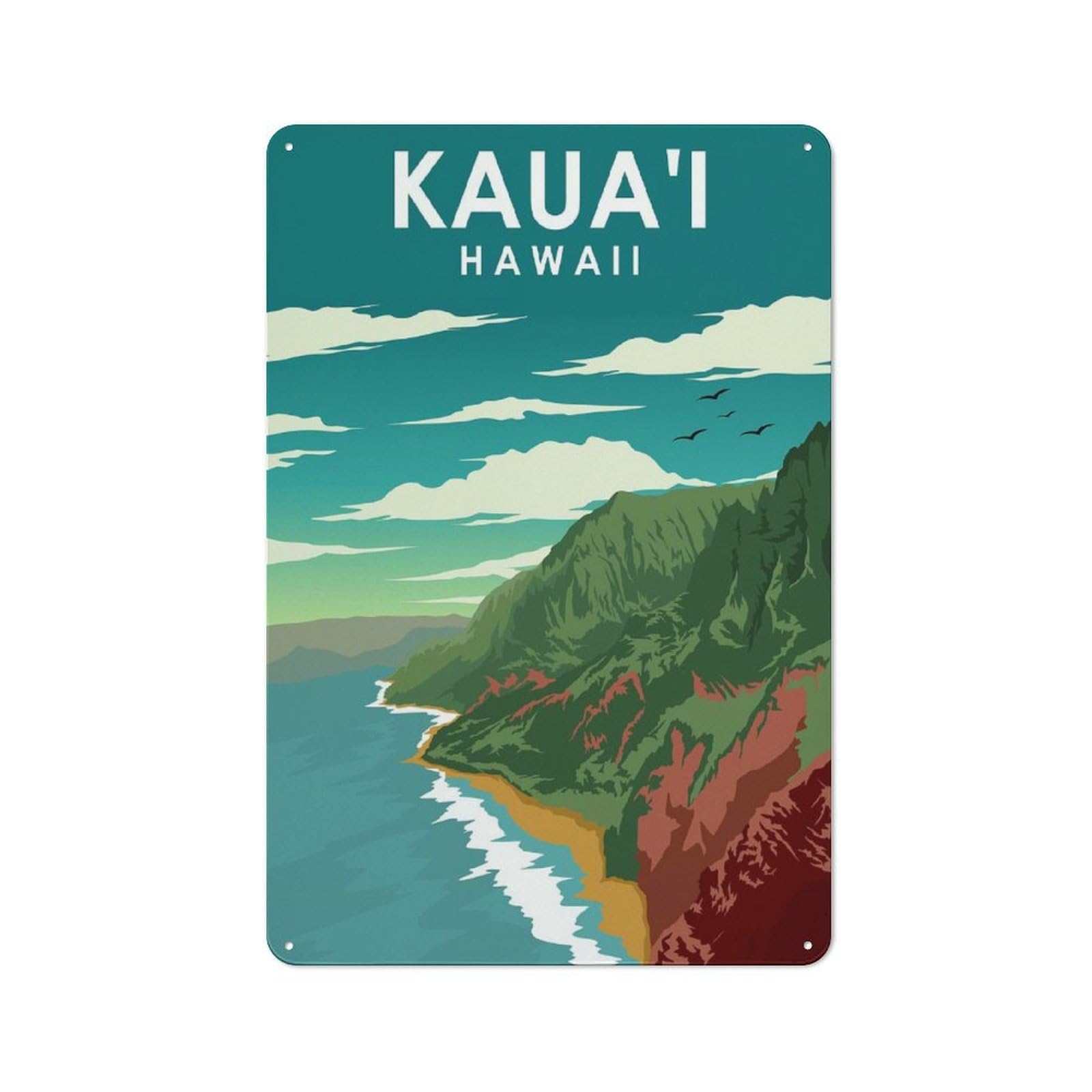 Junmoney Style-5 Understated Kauai Hawaii Travel Metal Wall Plaque 30X20cm, Creative Space Decor For Office, Study, Studio Or Hallway