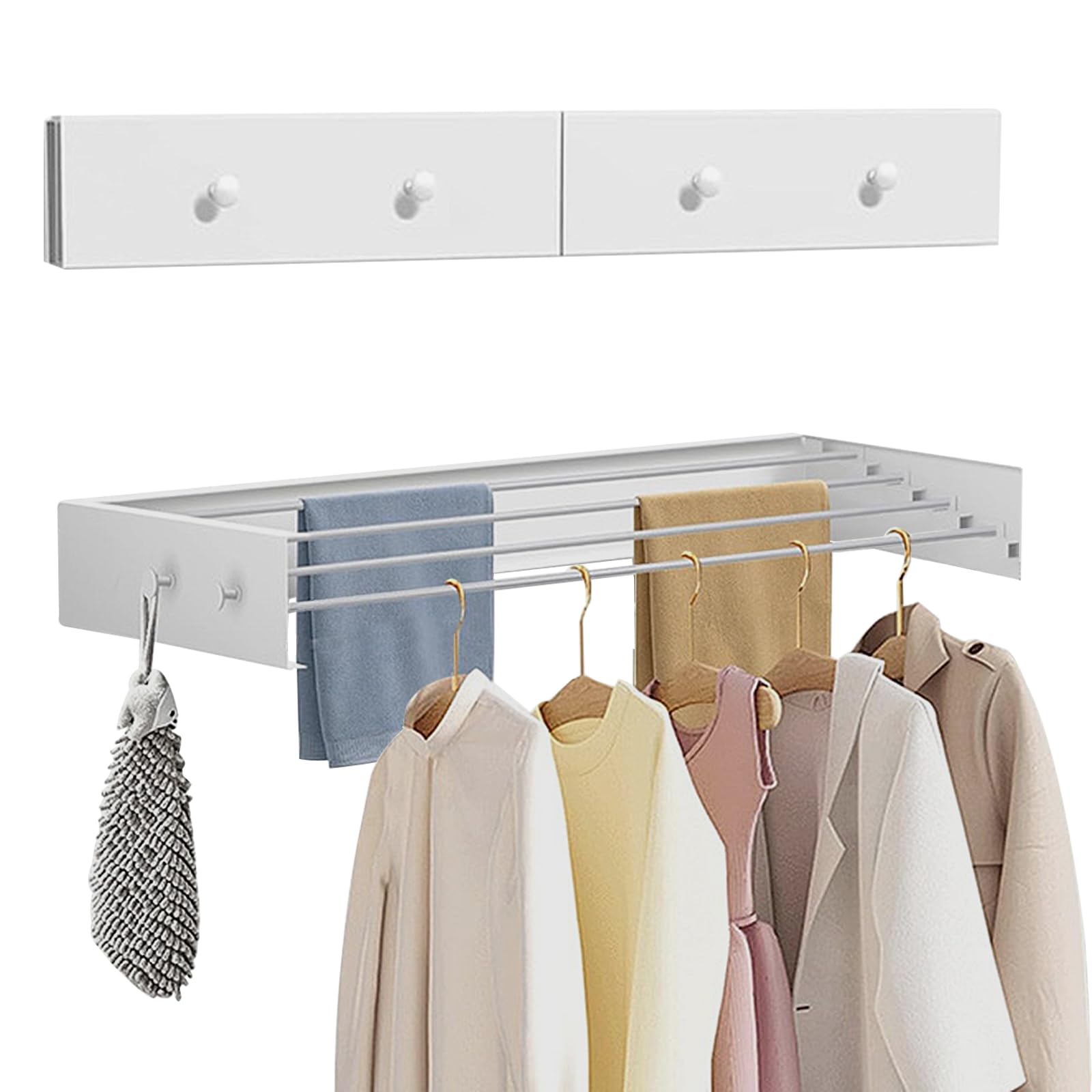 Stendibiancheria da parete, 60 cm, pieghevole, in acciaio al carbonio, resistente, con 4 ganci, capacità di carico 25 kg, per interni ed esterni (60 cm)