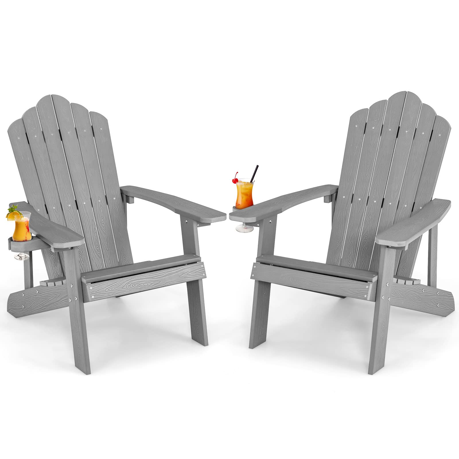COSTWAY 2 Sillas Adirondack con Portavasos, Sillas para Hogueras, Resistente a la Intemperie, Grano de Madera Realista, Facíl de Montaje, Silla de Exterior para Patio, Jardín, Terraza (GIRS,2)