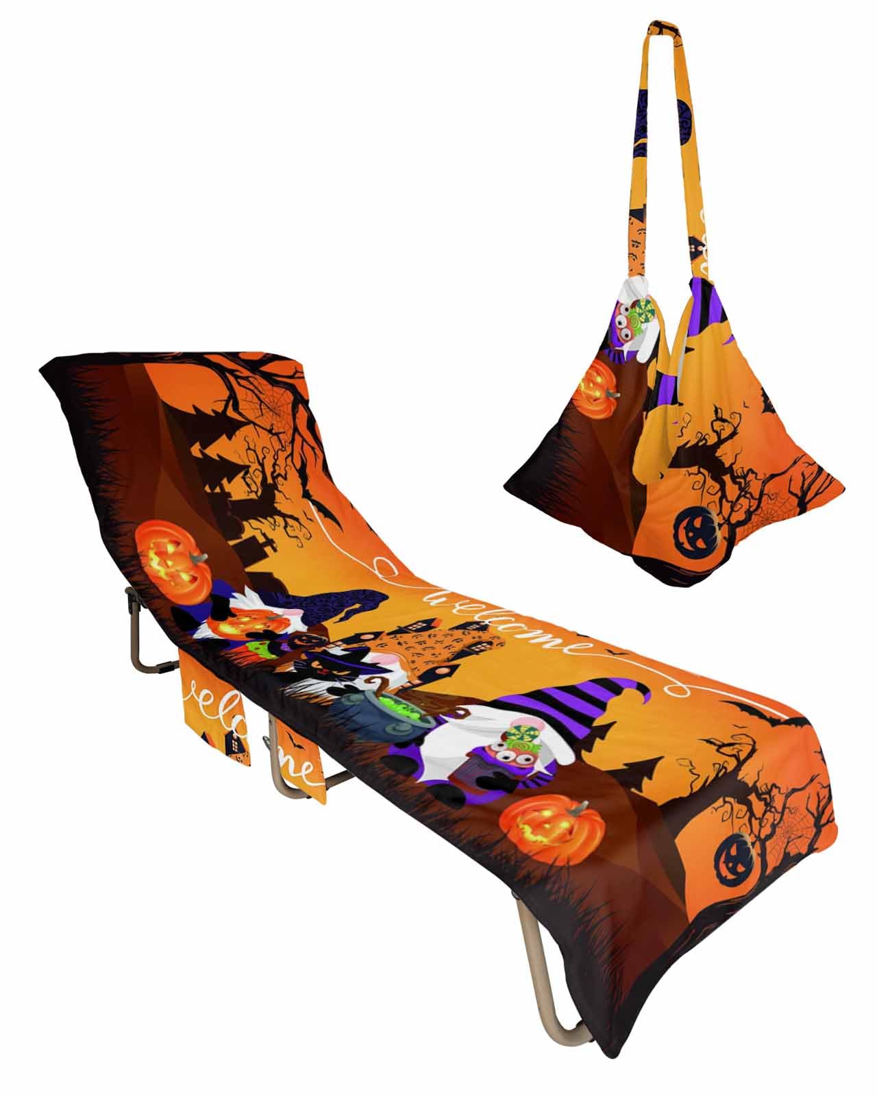 Halloween Beach Chair Towel Covers for Chaise Lounge with Side Pocket, Soft Plush Pool Towels Cover for Patio Sunbathing Outdoor 29''x85'' Gnomes Spooky Pumpkin Ghost Haunted-House
