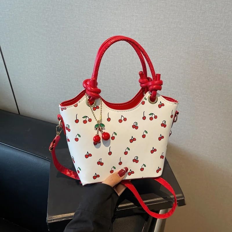 Image of Cherry Leather Tote Bag - Cute Y2K Shoulder Purse for Women, Red Designer Handbag with Top Handle, Fruit Print Clutch Satchel