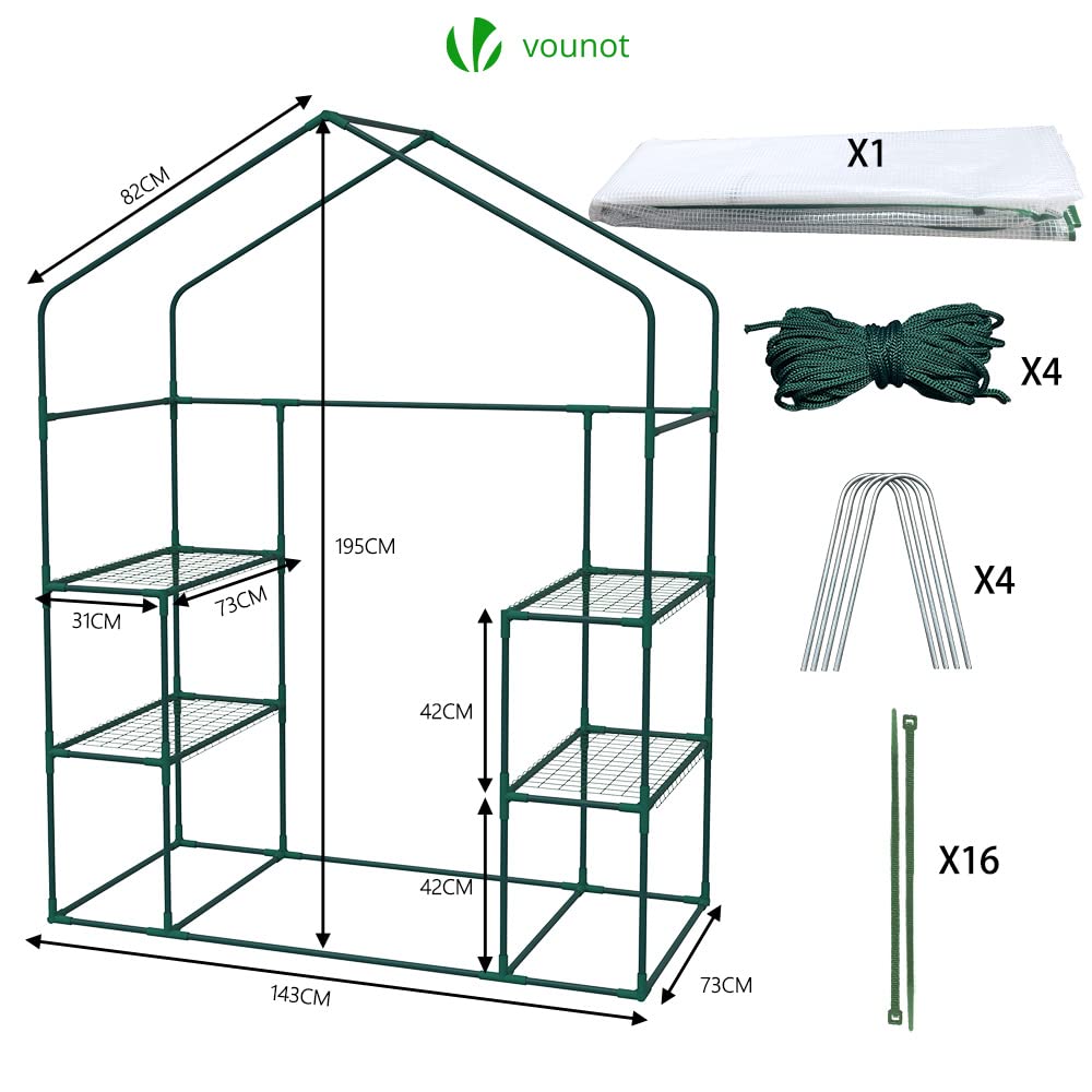 VOUNOT® Gewächshaus Foliengewächshaus, begehbares Gartenhäuschen mit 4 Regalebenen, Tomatenhaus Tomatengewächshaus, Weiß 143x73x195cm