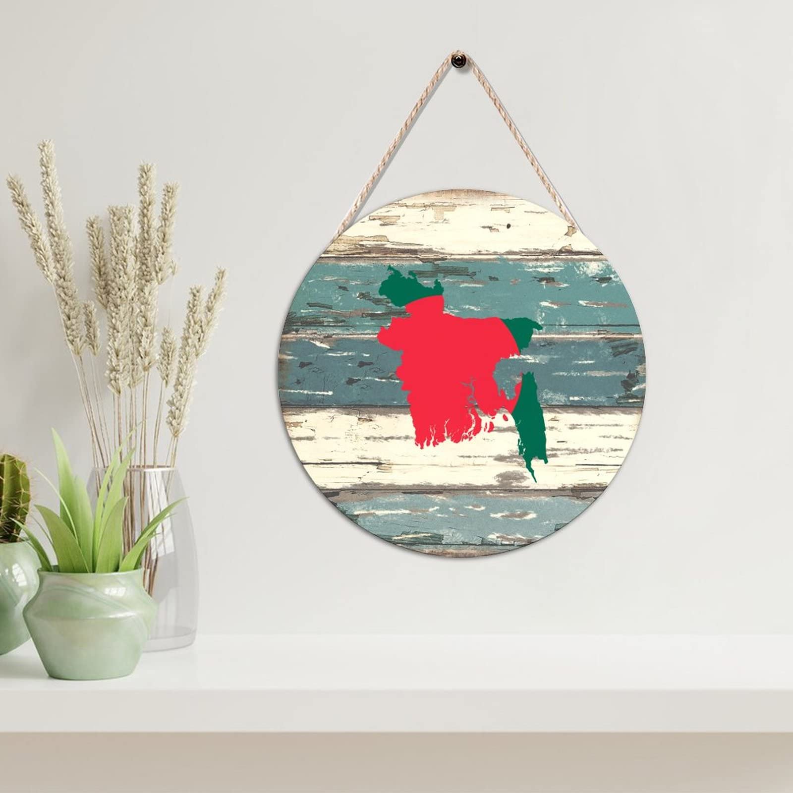 ENEDNATE Rustic Hanging Wood Wall Plaque Round Bangladesh Flag Map Silhouette Outline Farmhouse Shabby Chic Wooden Wall Decor Sign Perfect for School Office Home Wall Decor 12x12in
