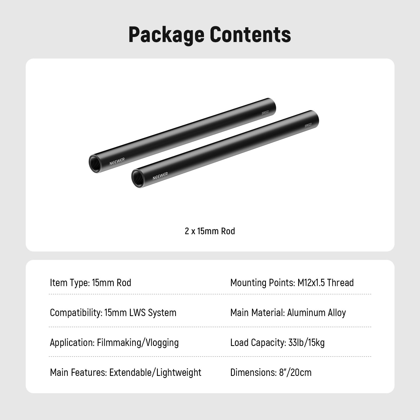 NEEWER Tige de 15mm (8"/20cm de Longue, Packs de 2), Tiges d'Extension Extensibles de 15mm en Alliage d'Aluminium pour Système de Rail de Tige LWS de 15mm, Plaque de Base de Plate-Forme Vidéo, SR022