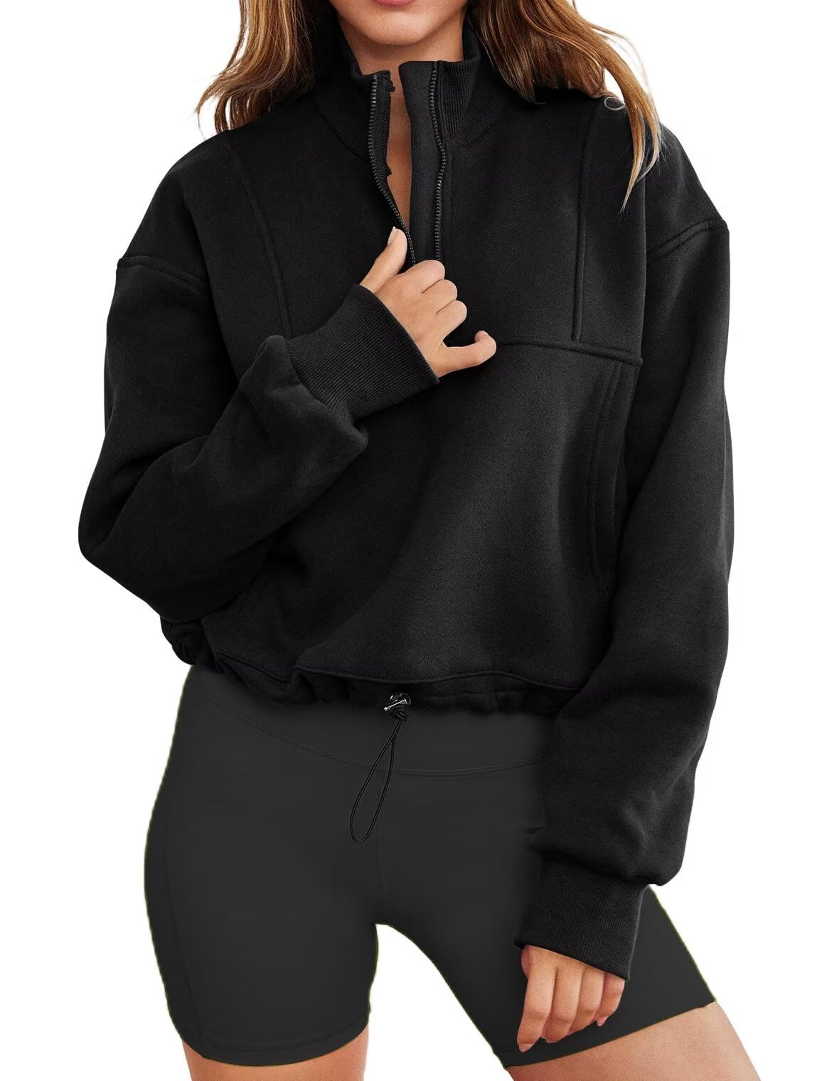 Flygo Women's Oversized Half Zip Hoodie Pullover - Quarter Zip Y2K Streetwear Sweatshirt, Black, Large