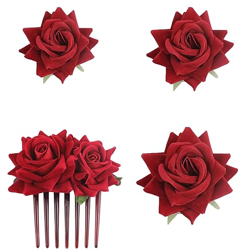 4 horquillas rosas para mujer, broche de rosa nupcial, pinzas florales para boda, para mujer, niña, fiesta, boda (rojo)