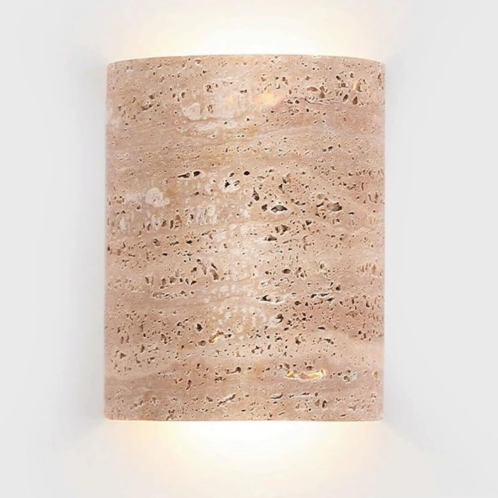 NHPJFDC Modern Indoor Outdoor Travertine Stone Wall Sconce, Natural Yellow Stone LED Up Down Light Fixture, Minimalist Contemporary Cylinder Lamp for Hallway Patio Bedroom Balcony