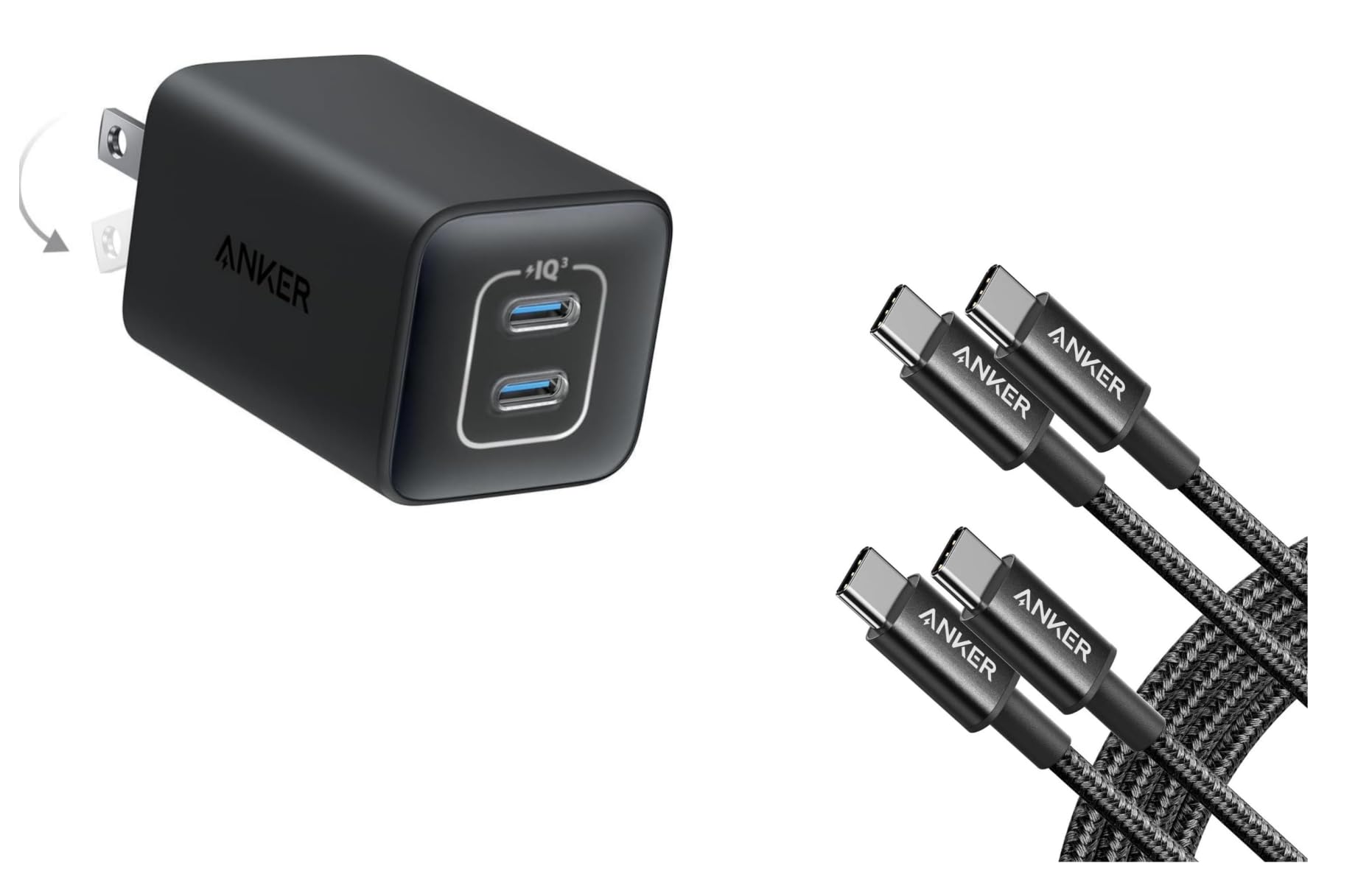 Anker Nano Charger 47W 2 Port Compact Foldable GaN USB C Charger USB C Cable Type-C 60W Fast
