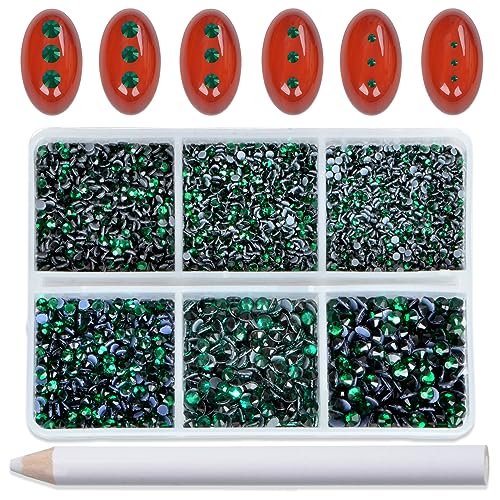 Image of Bymitel Hotfix Crystal Rhinestones Round Gems for Crafts,Mixed 6 Sizes with Wax Pencil Kit, Emerald 1.3-3.2mm(SS3-SS12 /8000pcs)