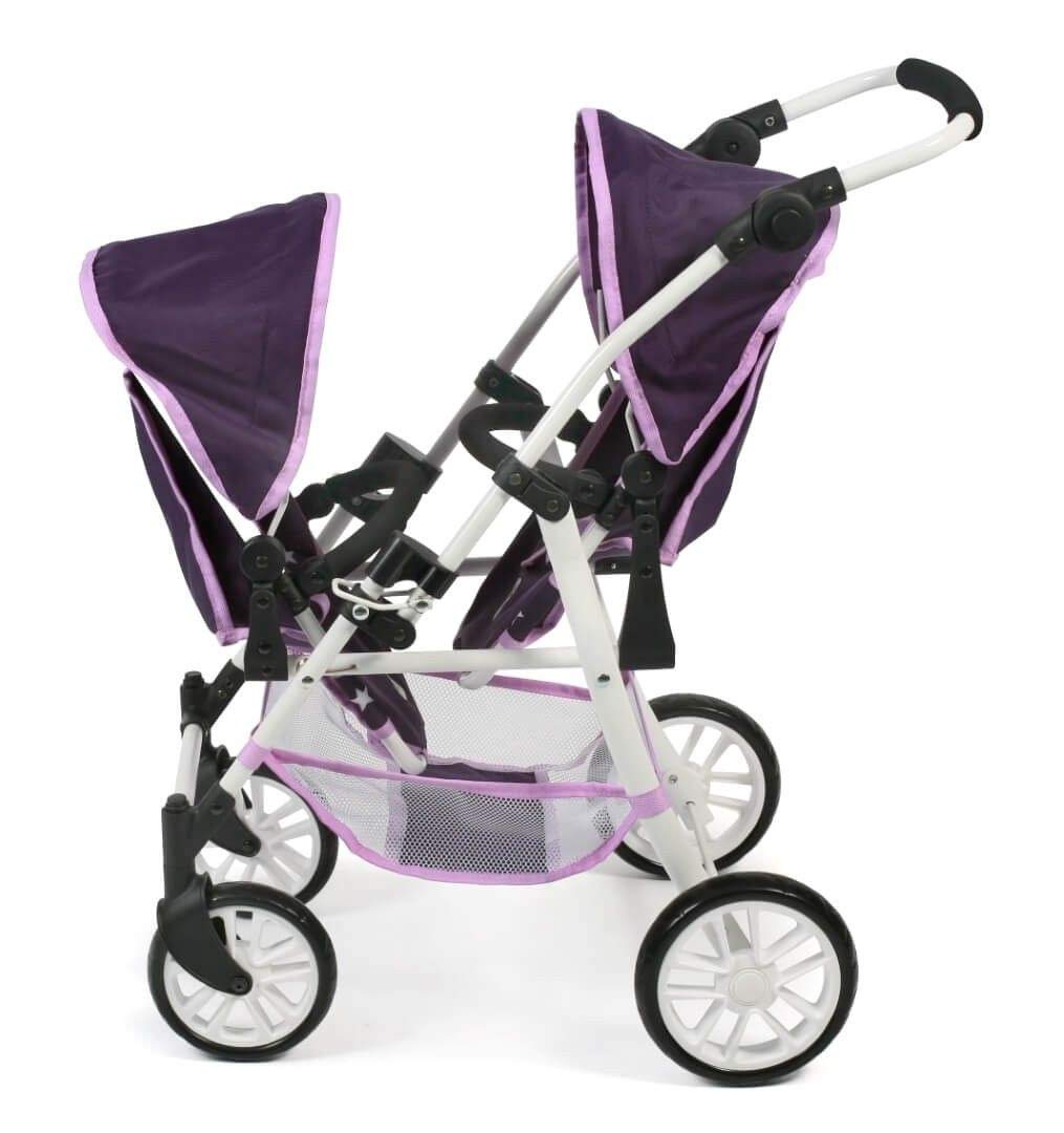 Tandembuggy Twinny - Passeggino gemellare per due bambole, passeggino per bambini dai 4 agli 8 anni, motivo: stelle viola