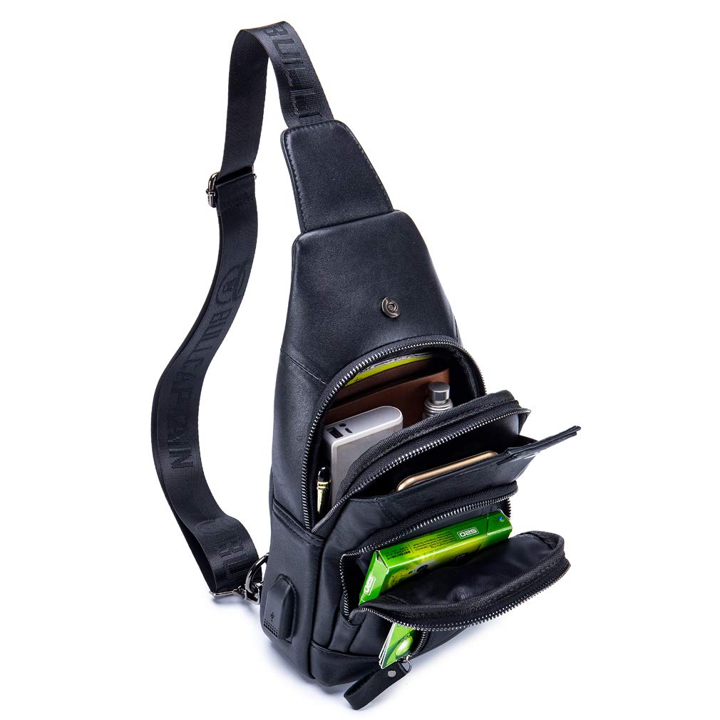 Hebetag Leather Sling Bag Hiking Daypack for Men Women Outdoor Travel Camping Fishing Crossbody Shoulder Chest Pack Backpack Black - Image 4