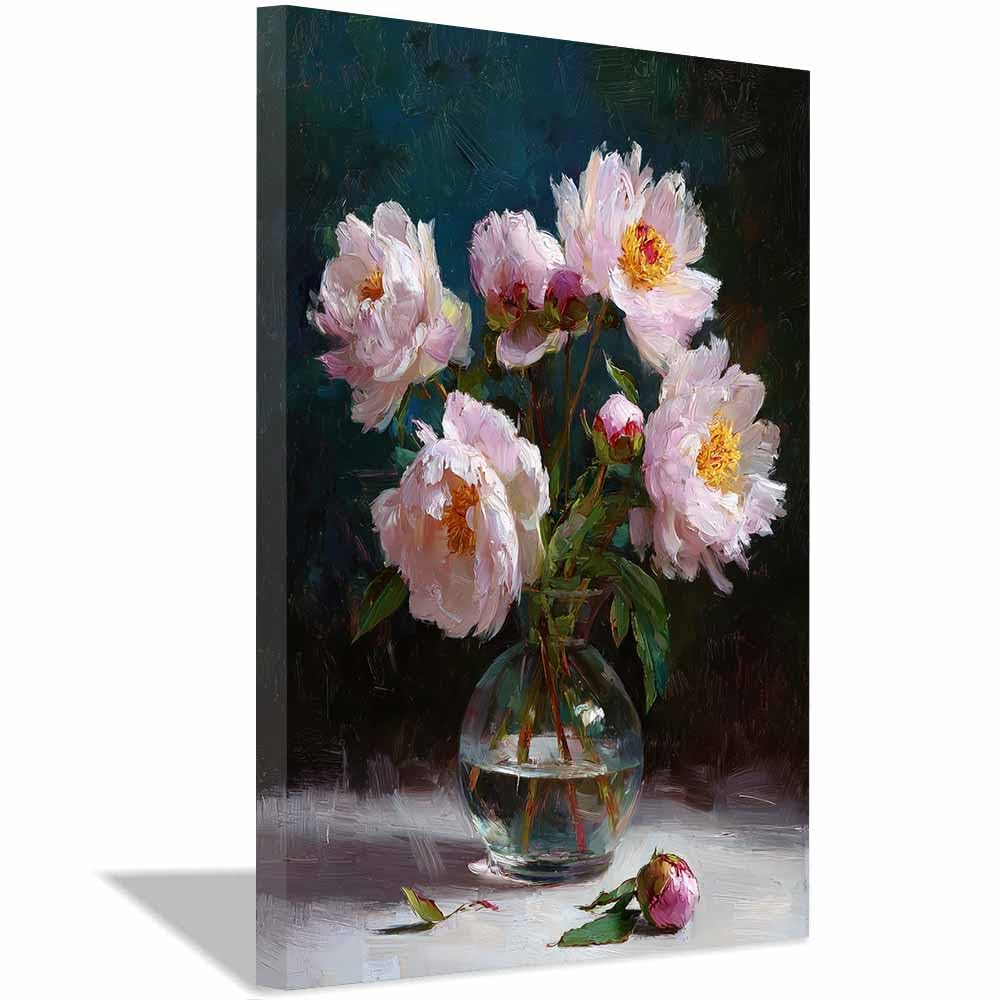 Xeniou Multicolor Flowers Canvas Peonies In Glass Vase Canvas Wall Art, For Bathroom Living Room Bedroom Office Kitchen(Multicolor)-70X100cm Framed