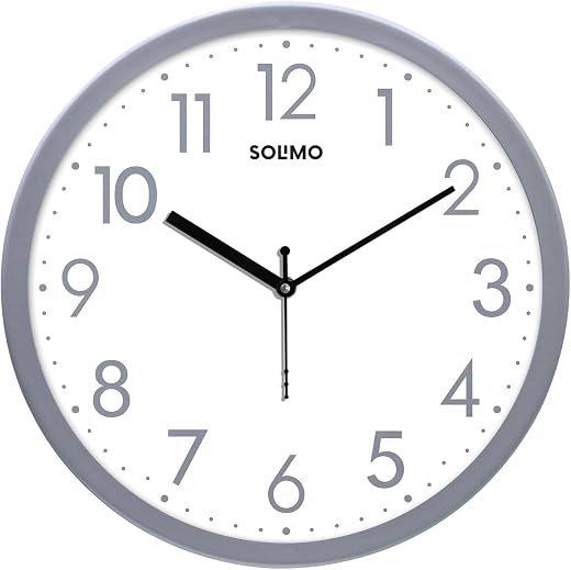 Amazon Brand - Solimo Elegant Metallic Analog Wall Clock, Silent Sweep, Numeric Time Indicator (12 Inches, Silver Frame)