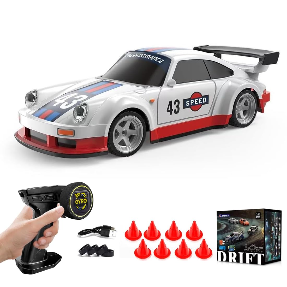 1/43 Scale Mini Drift Cars, Electric Full Proportional 2.4G Remote Control Racing Drift Car Model with Lights Kit, 15KM/H High Speed Vehicle Gift for Adults