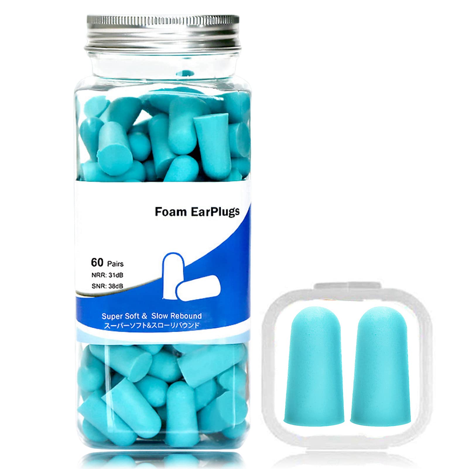 Soft Foam Ear Plugs 60 Pairs, SONGQEE Sleeping Reusable Soft Earplug Noise Cancelling for Snoring Custom Fit Ear Plugs Sleep Earbuds with Carry Case, Shooting Travel Airplane Concert (Blue)