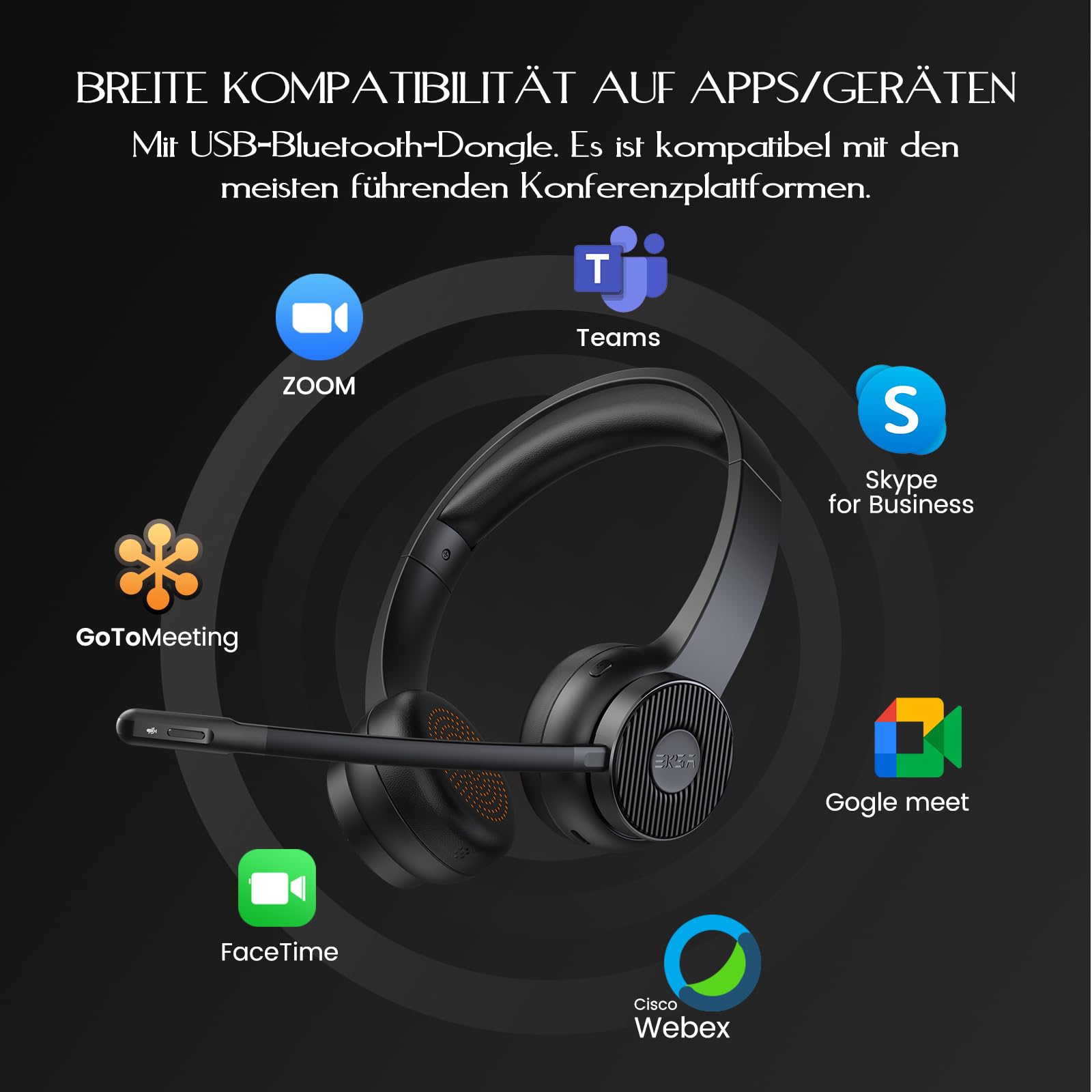 EKSA H16 Wireless Headset, Bluetooth 5.2 Headset mit Mikrofon & USB Dongle [Bis zu 55 Stdn & 15 Meter Reichweite] Kopfhörer Kabellos mit AI Noise Cancelling Mic für PC Skype Zoom Laptop BüroTelefon