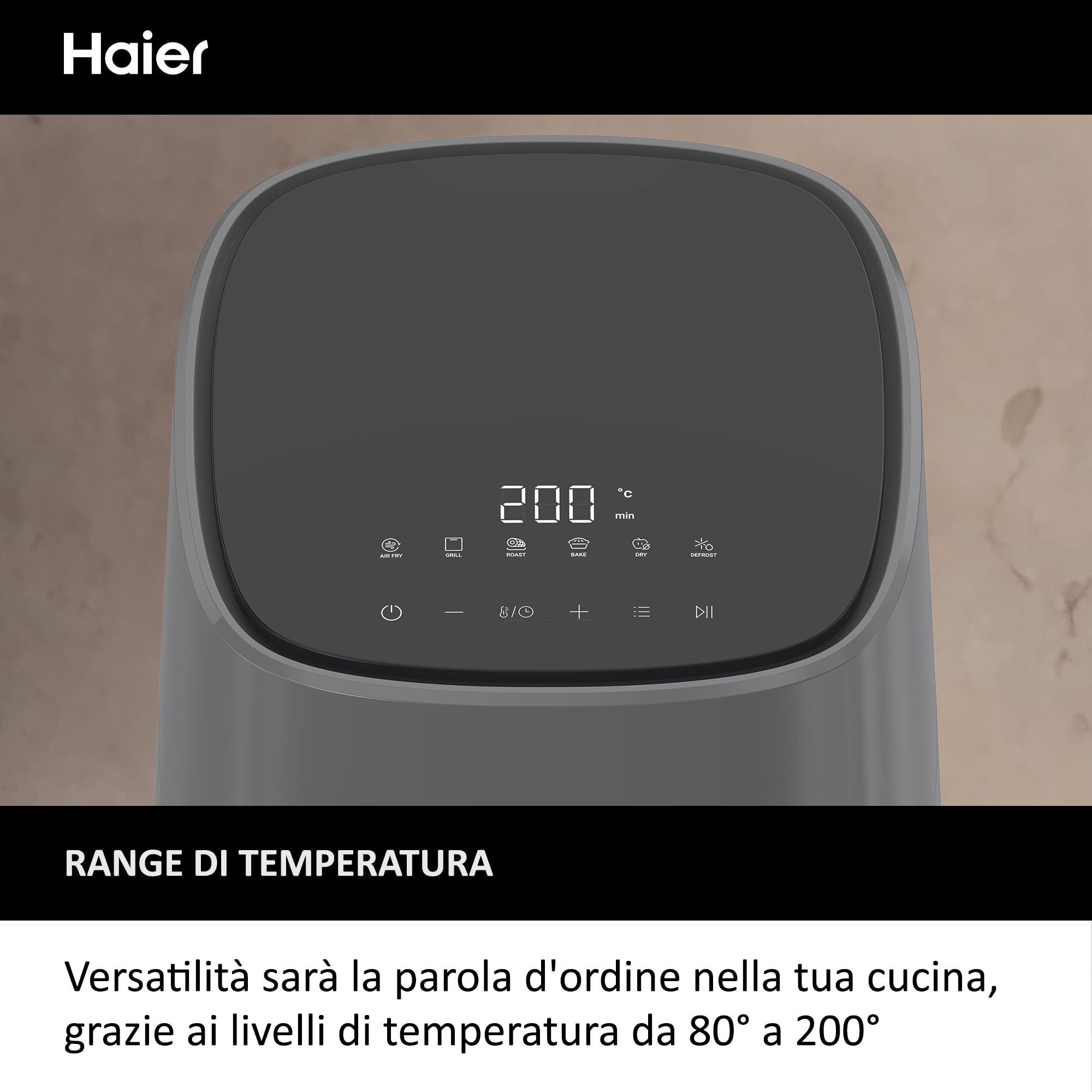 Haier Friggitrice ad aria I-Master, 6 in 1 con display touch, cuoci, arrostisci, griglia, scongela, capacità 5 litri per un massimo di 4 persone, [Nero]