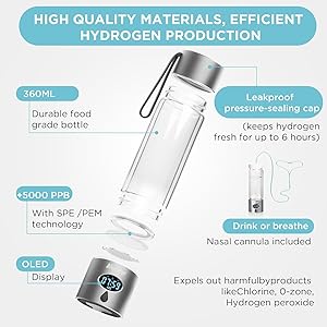 Aiwaylar Hydrogen Water Bottle - Portable, Rechargeable, LED Timer,3 Work Mode, Aluminum and Glass,360ML,Hydrogen Water Ionizer Machine with PEM/SPE Technology, Suitable for Office,Home,Gym Outdoor