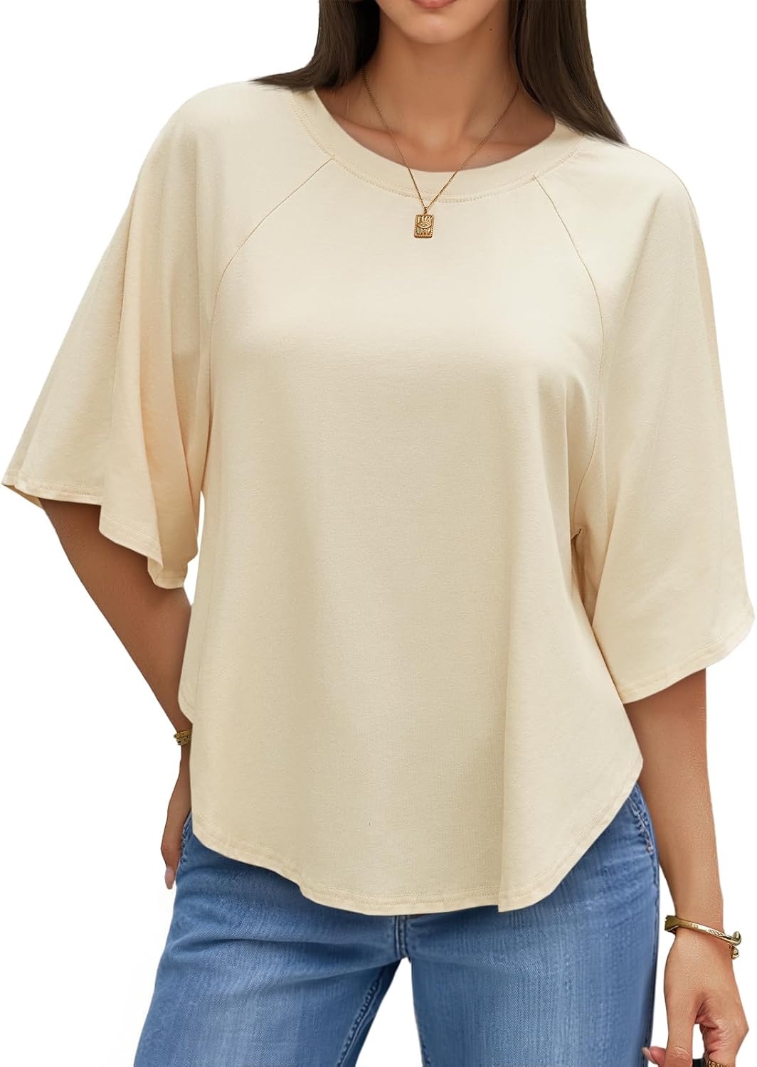 Cicy Bell Womens Summer Oversized Tshirts Crew Neck Half Sleeve Casual Tops Flowy Irregular Hem Tees