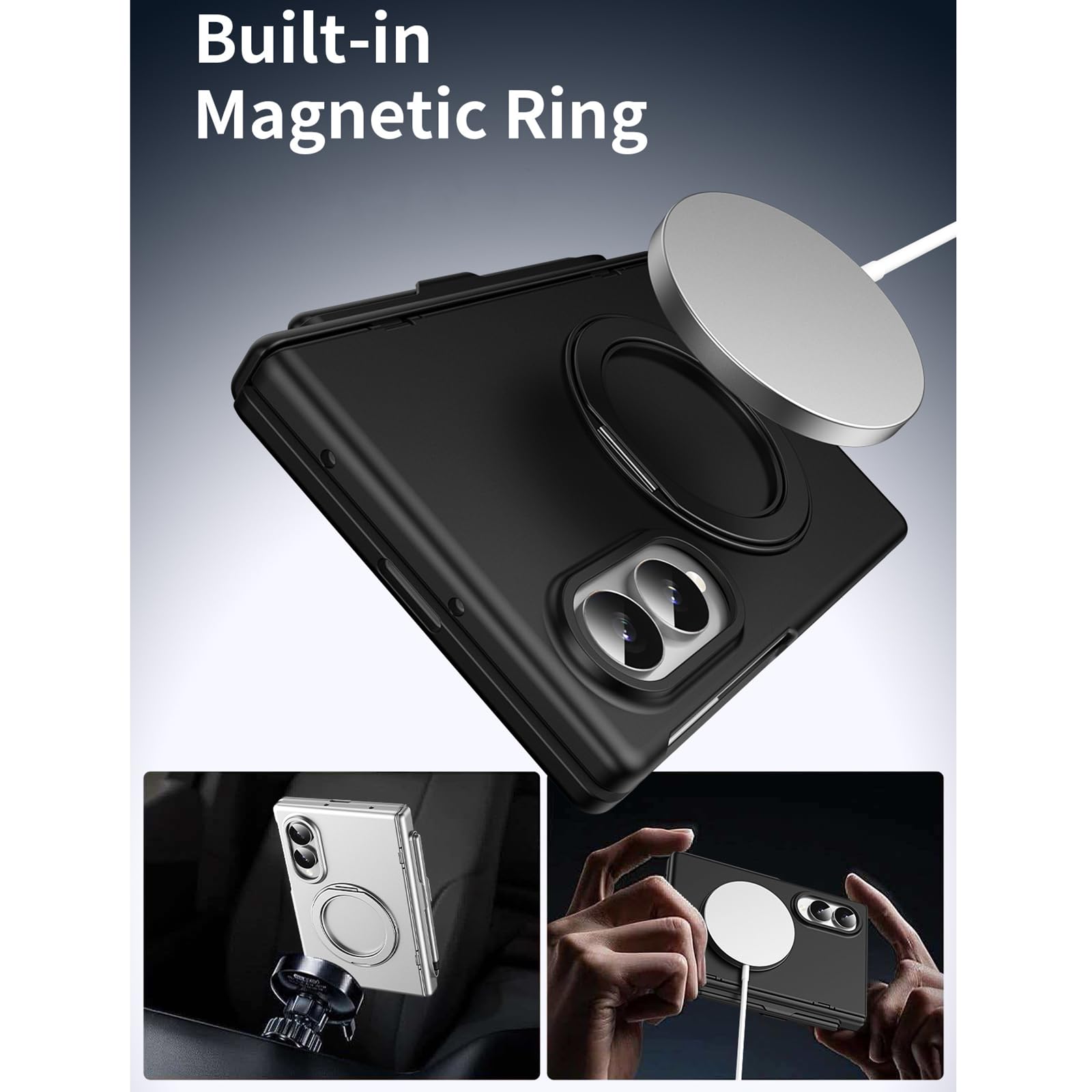 Cover Per Samsung Galaxy Z Fold 8 Anello Porta-Penna Cerniera | Cover con anello magnetico e porta-penna. Guscio cerniera antigraffio con protezione fotocamera e schermo(Silver)