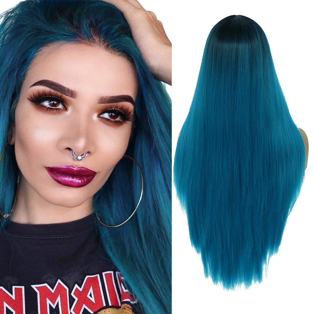 YMHPRIDE Black to Blue Ombre Long Straight Wigs for Women Natural Looking Middle Part Synthetic Hair Wig with Wig Cap(24 inches)