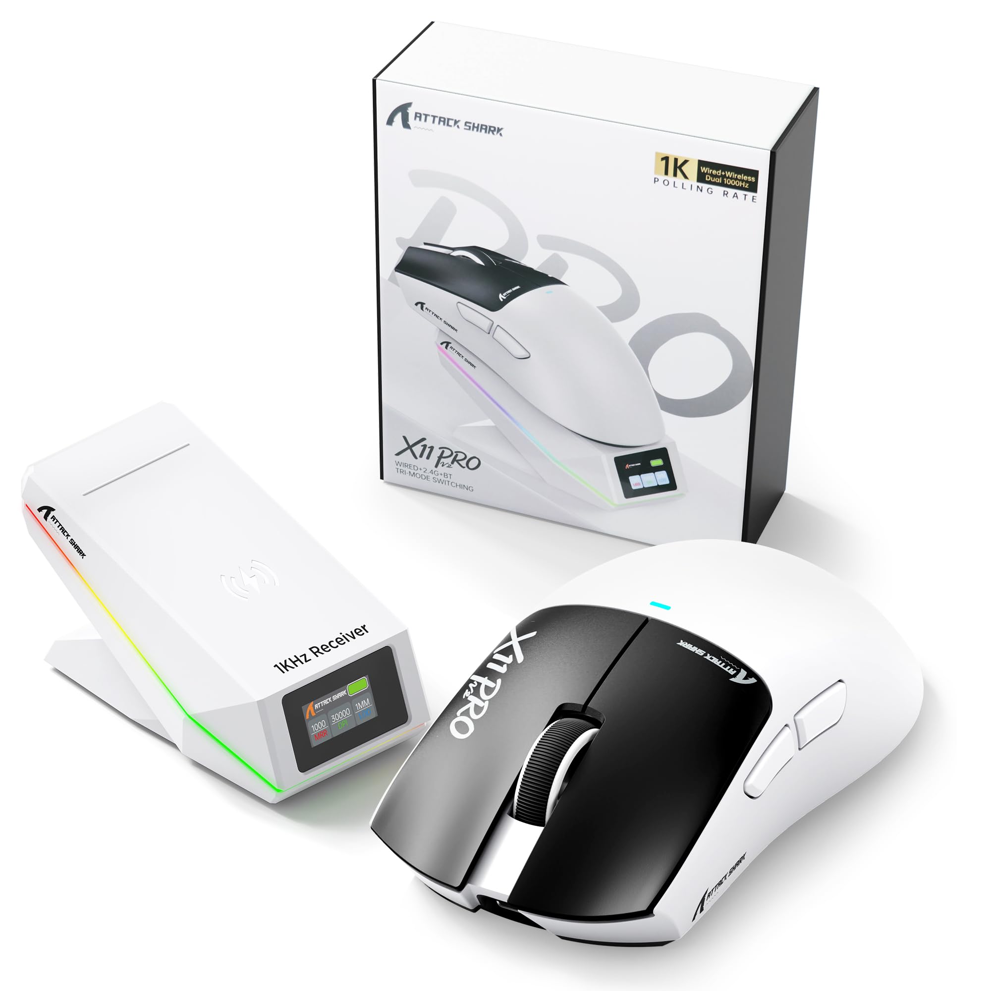 ATTACK SHARK X11 PRO V2 Kabellose Gaming Maus mit TFT Dock, Schwarz Weiß A