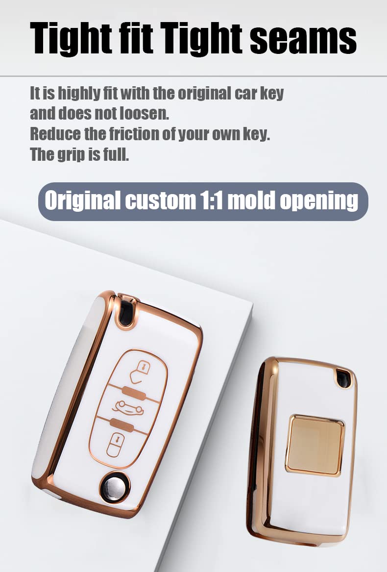 HIBEYO Car Key Case Fits Peugeot 207 407 308 607 Key Cover Silicone TPU Protective Case for Citroen C1 Picasso Berlingo C-Crosser Key Bag Key Case Flip 3 Buttons Gold Red - Image 4