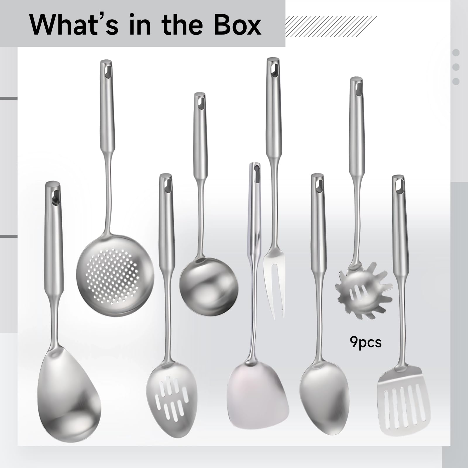 Kochutensilien-Set, 9-teilig, Edelstahl, Küchenutensilien aus Metall, inklusive Schöpflöffel, Pfannenwender, Schaumlöffel, massiver und geschlitzter Löffel, Nudelheber und Sieblöffel