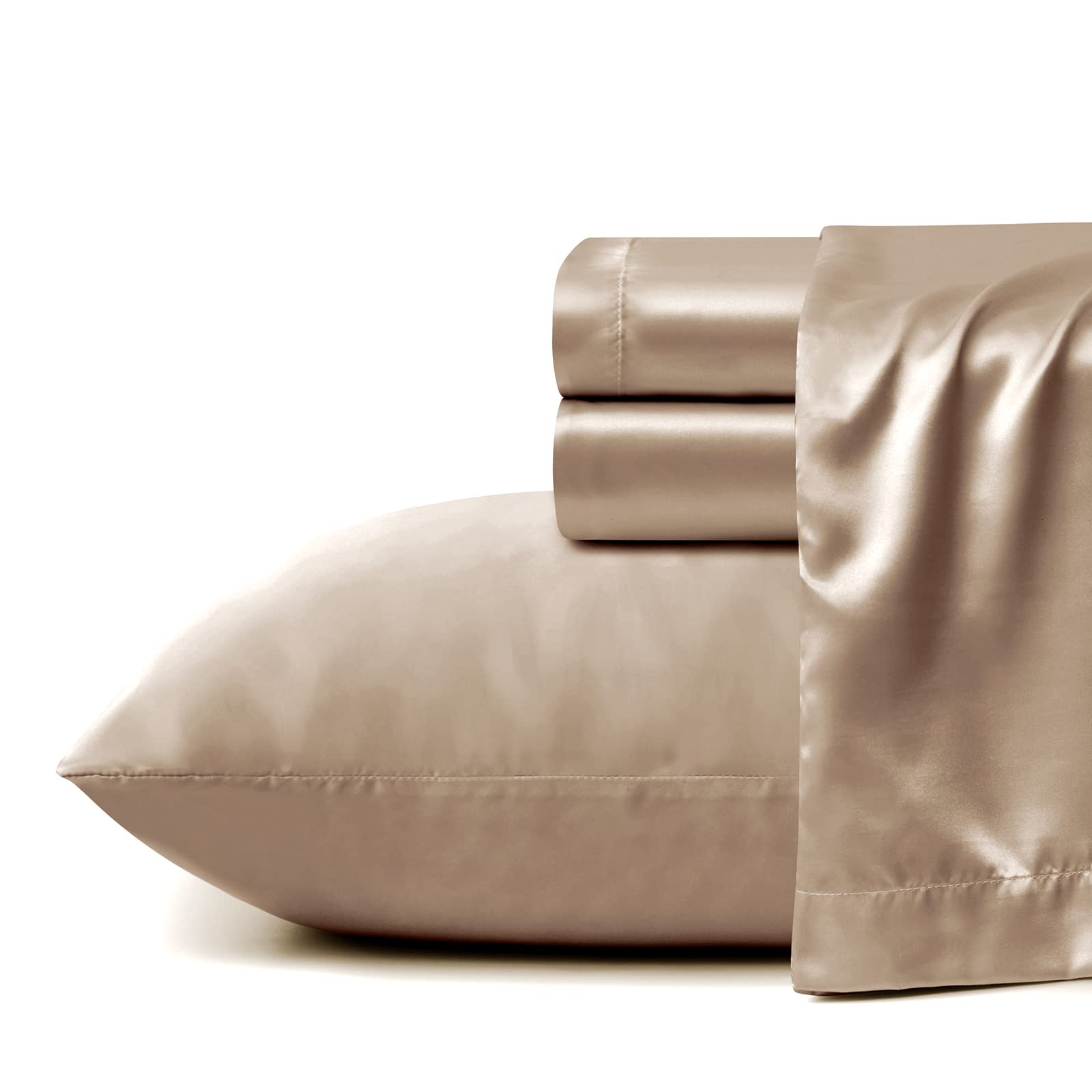 VACVELT Juego de sábanas de satén de 4 piezas de bolsillo extraprofundo tamaño California King, juego de sábanas de satén beige para colchón de 18 a 24 pulgadas de profundidad, juego de sábanas de