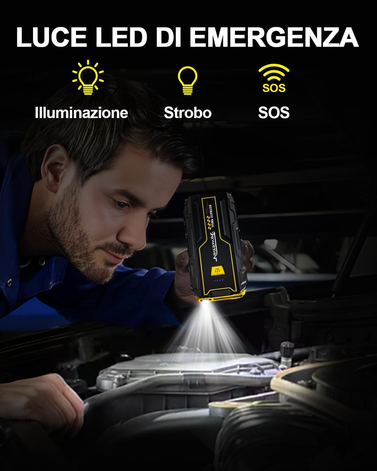 Avviatore Batteria Auto, 4000A Avviatore di Emergenza per Moto (per Motori Fino a 7.5L Benzina/5.0L Diesel) 12V Booster Avviamento Auto con Torcia a LED